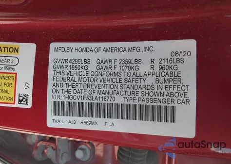 2020 Honda Accord Ex-L from USA, damaged, VIN 1HGCV1F53LA116770